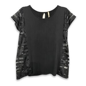 Love Marks Blouse Short Sleeves Stretch Knitted Fabric Sheer Detailing Black W S